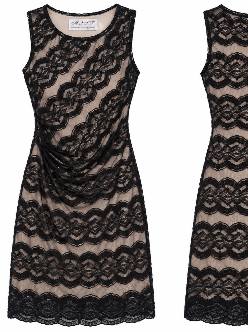 NWT M.S.S.P. Black Nude Fully Lined Lace Ruched Sheath Cocktail Dress XS